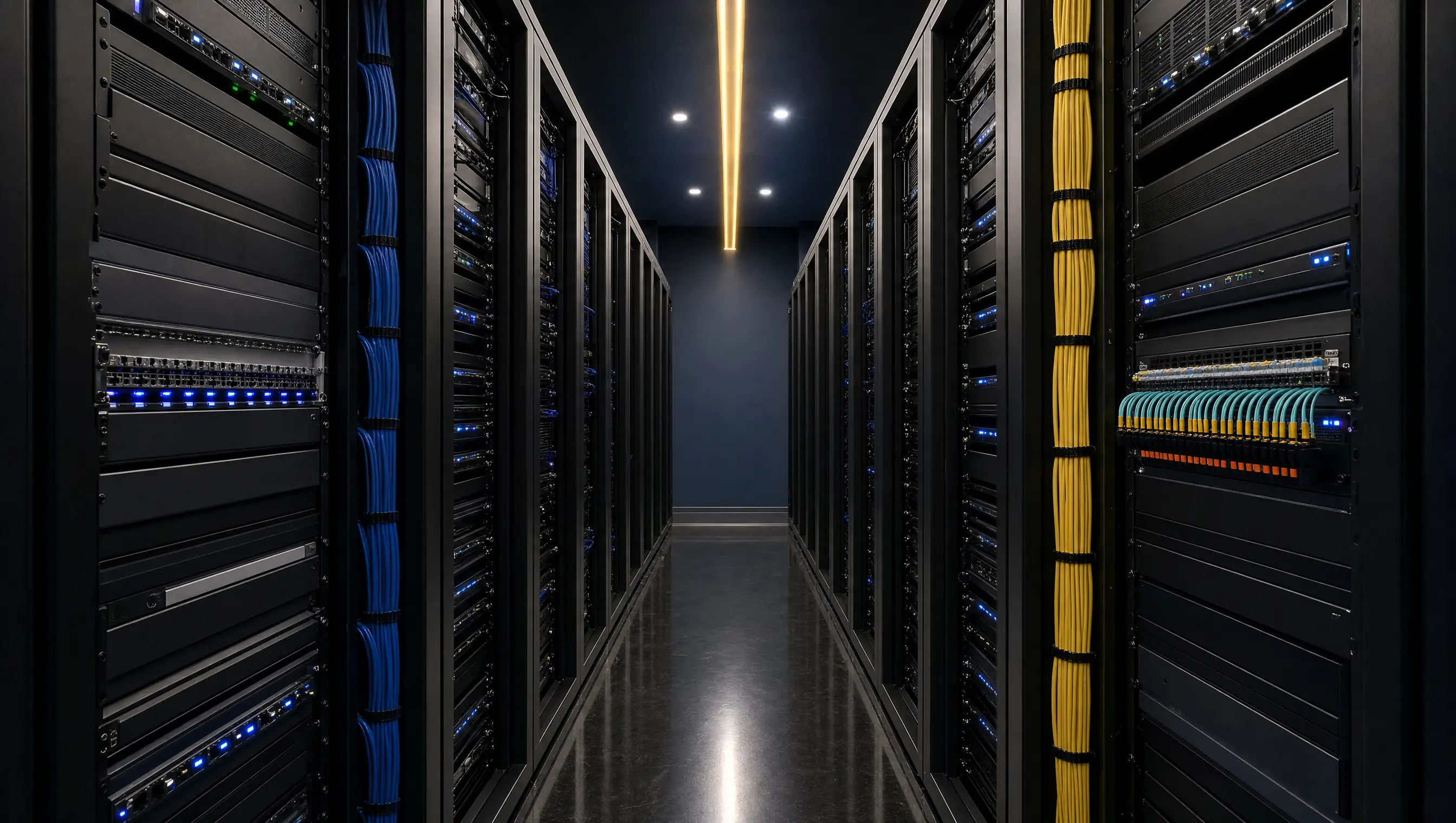 A commercial AV and network equipment room with immaculately dressed cabling