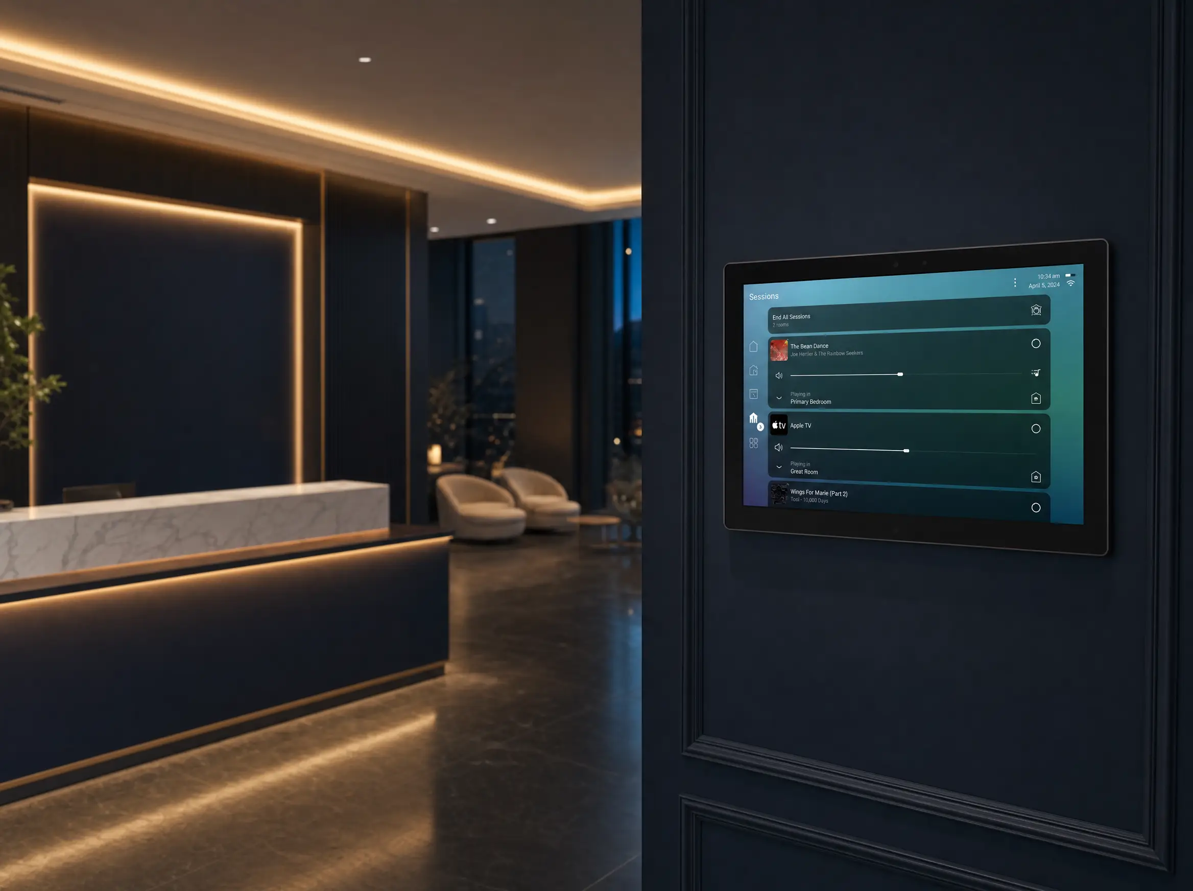 A Control4 touchscreen on a navy wall beside a lit corporate reception desk