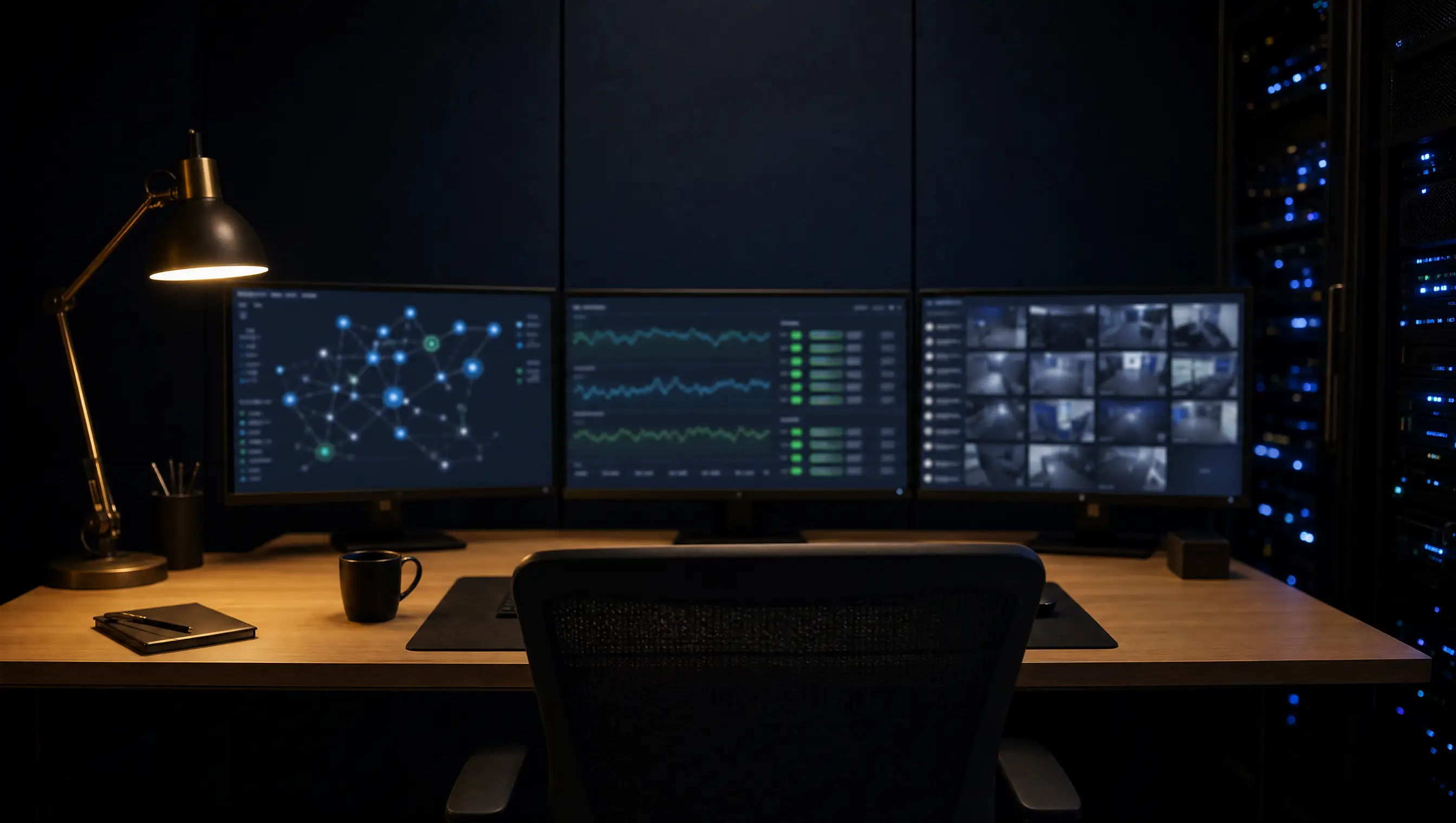 A remote diagnostics desk at night: network topology, performance graphs and camera views on three screens
