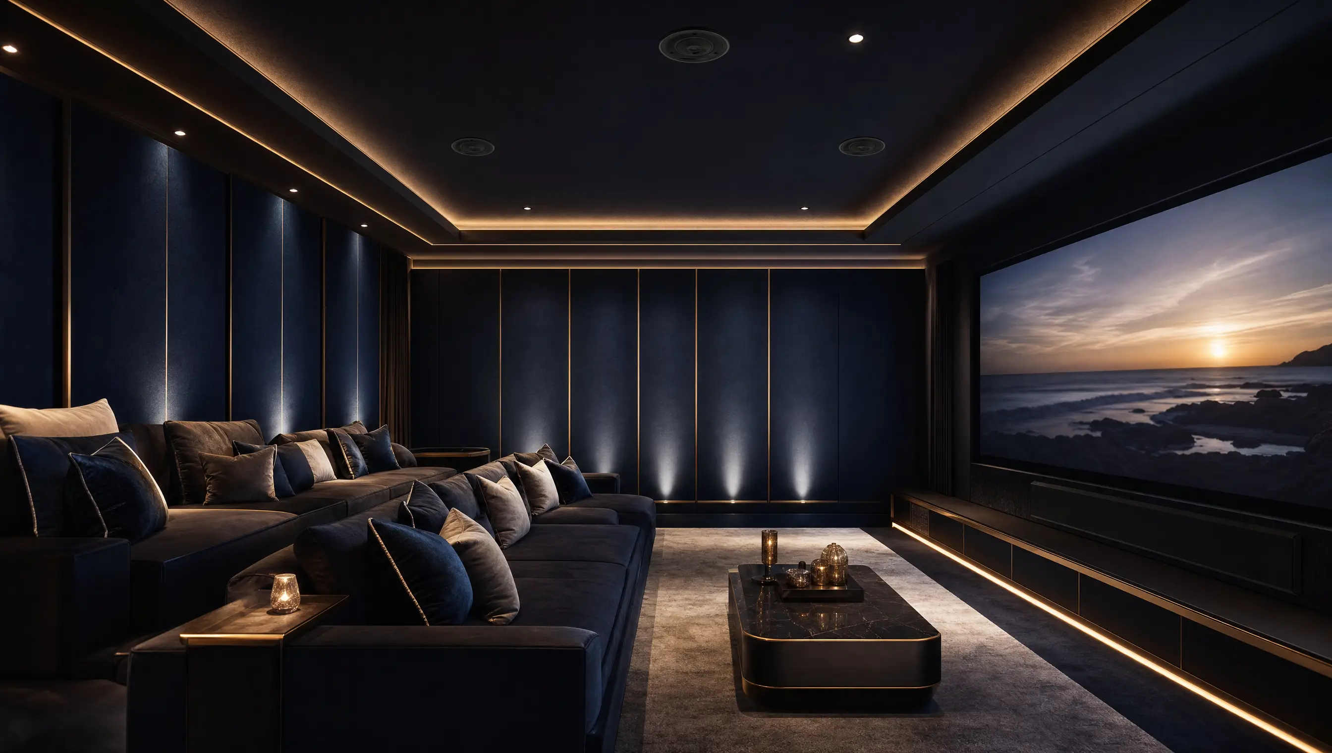 A navy home cinema with concealed Bowers and Wilkins in-ceiling speakers and warm gold cove lighting