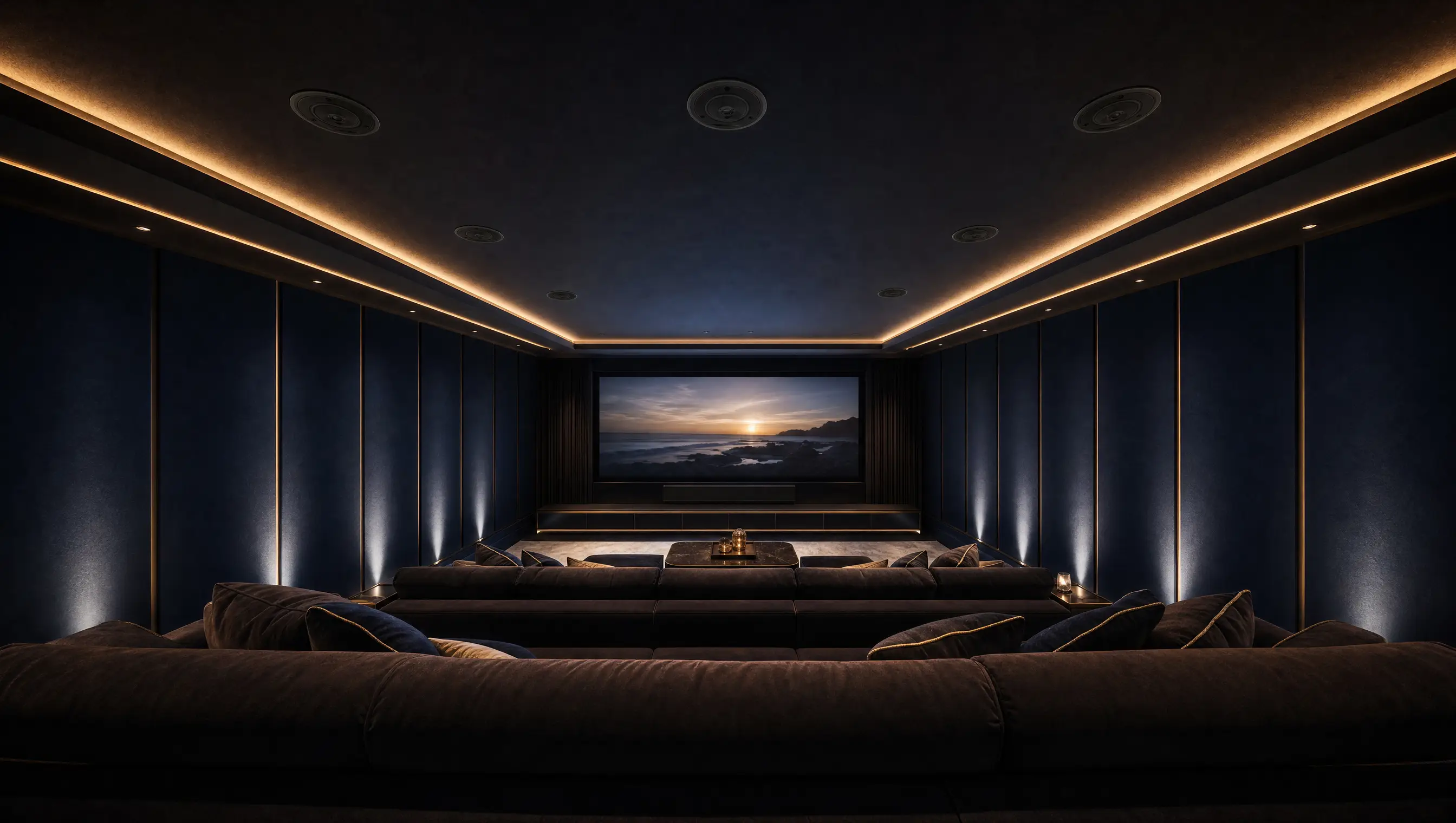 A navy home cinema seen from the back, rows of velvet seating leading to the screen, with Bowers and Wilkins in-ceiling speakers overhead