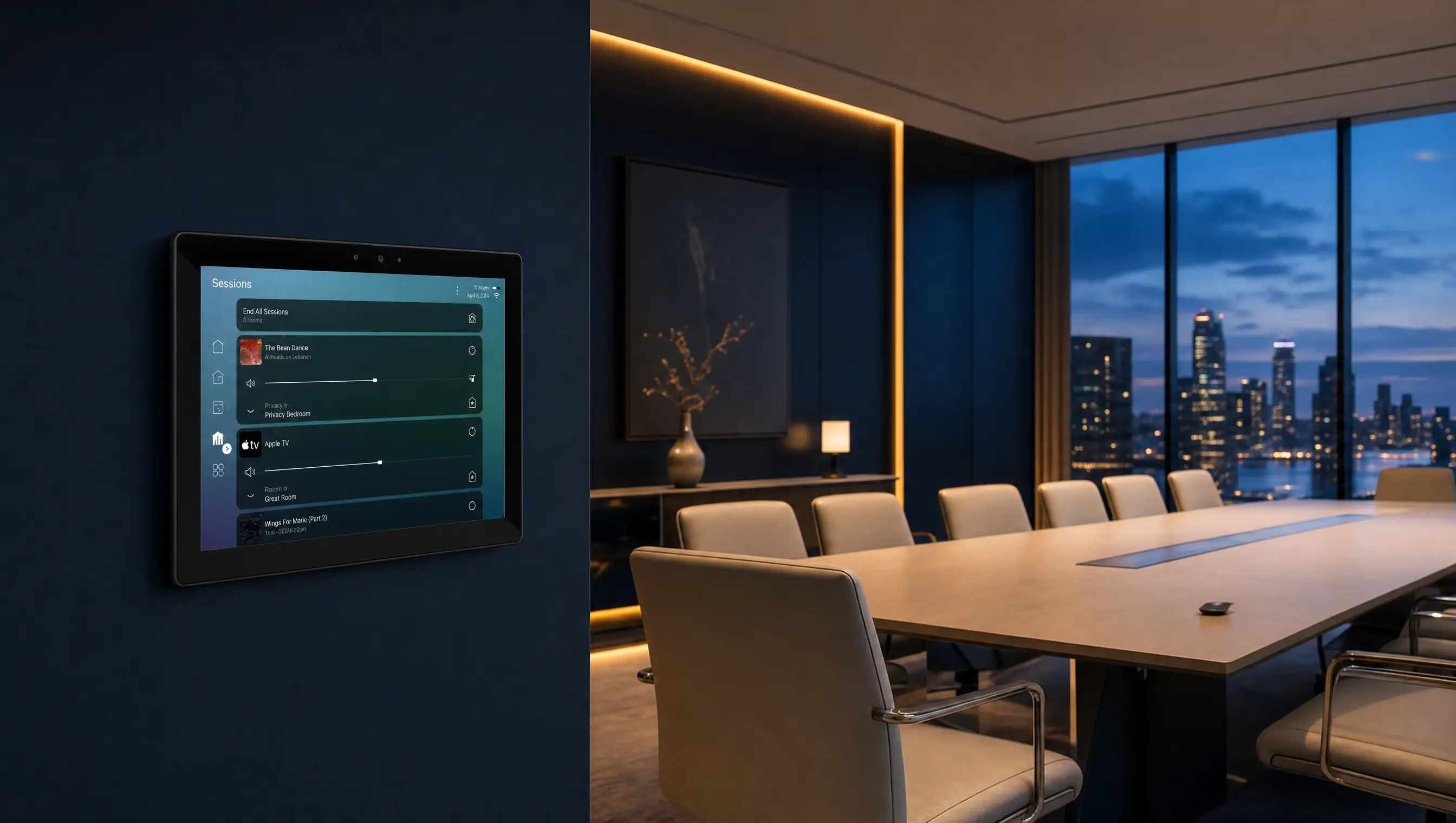 A navy executive boardroom at dusk with a wall-mounted Control4 touchscreen and a city-skyline view