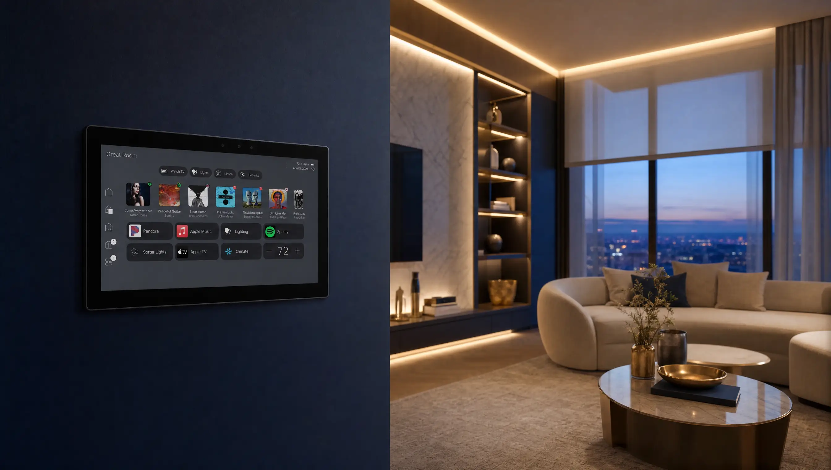 A luxury navy living room at dusk with a wall-mounted Control4 touchscreen running the smart-home dashboard