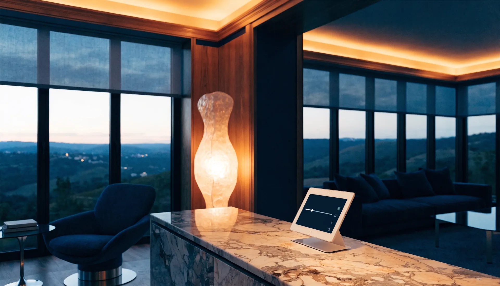 A BLG Automation smart home great room at dusk