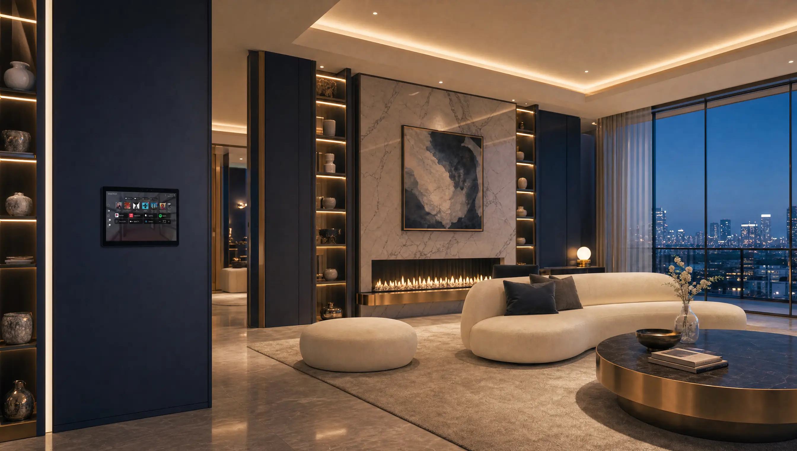 A luxury navy living room at dusk with a wall-mounted Control4 touchscreen showing the Great Room dashboard