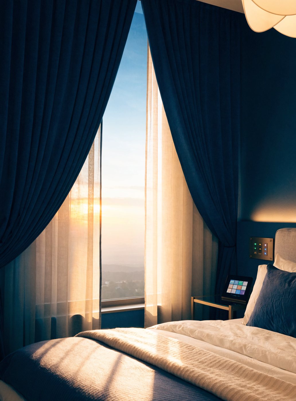 Automated bedroom at sunrise