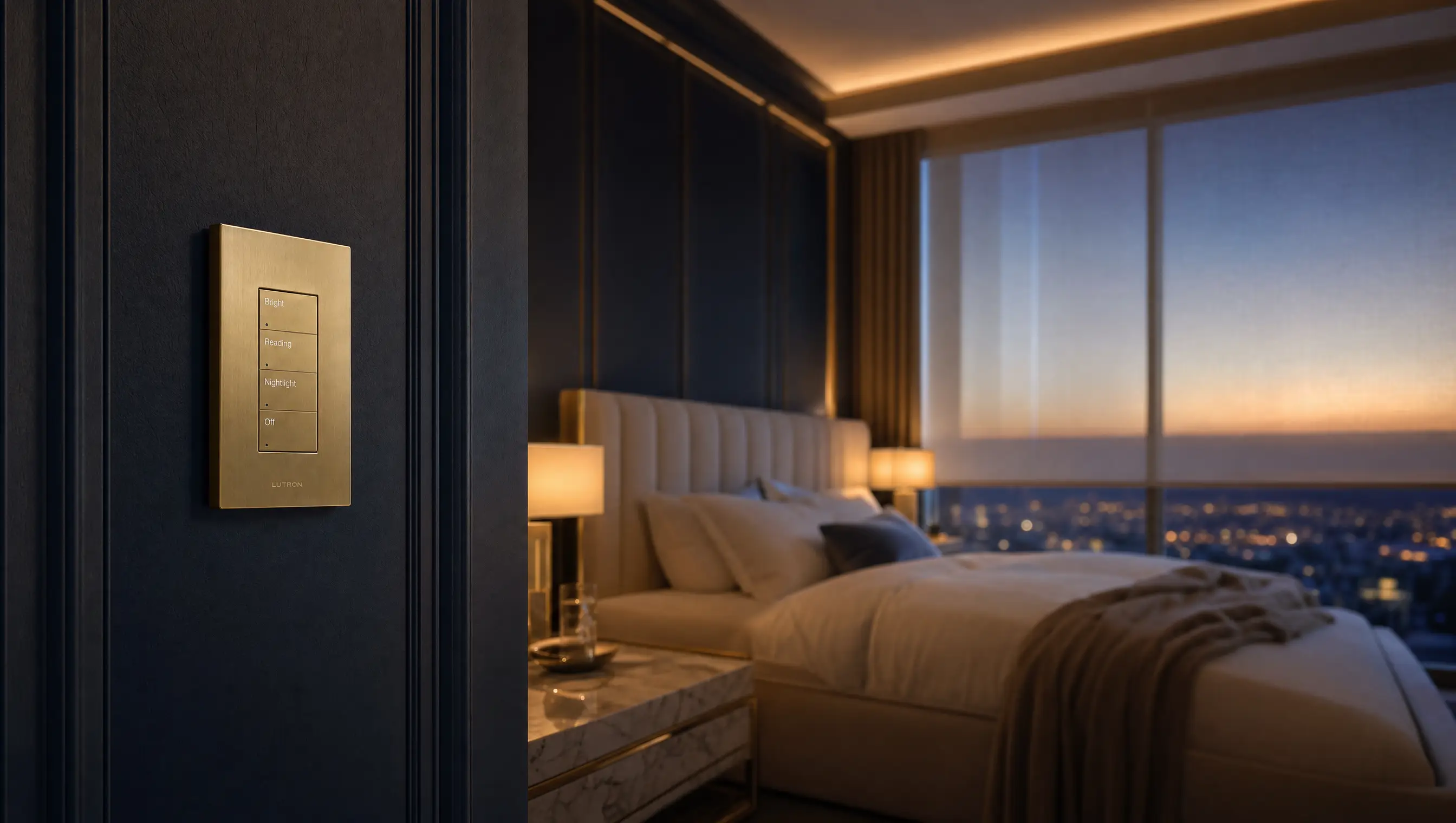 A champagne Lutron keypad engraved Bright, Reading, Nightlight, Off on a navy wall, with motorised sheer shades across a city window in a bedroom suite at dusk