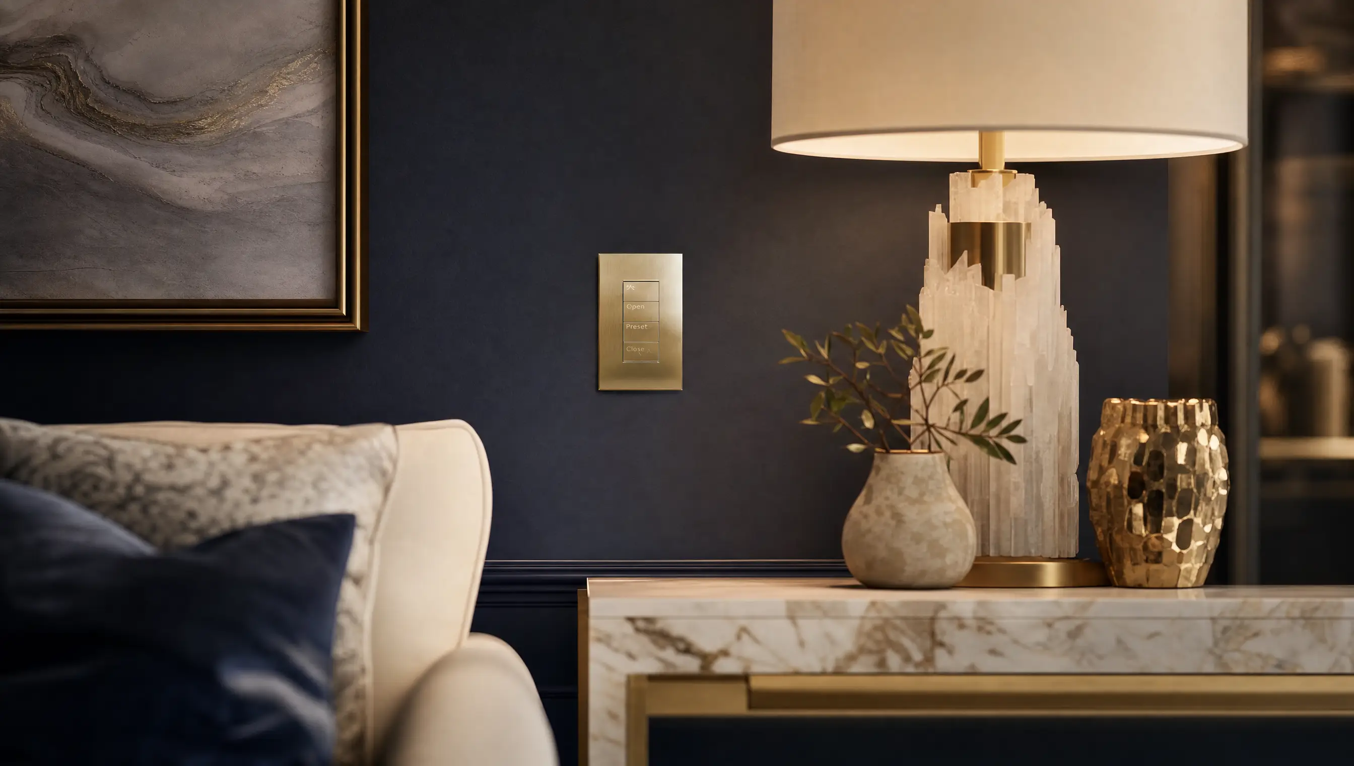 A champagne Lutron keypad on a deep navy wall beside a sculptural lamp and marble console