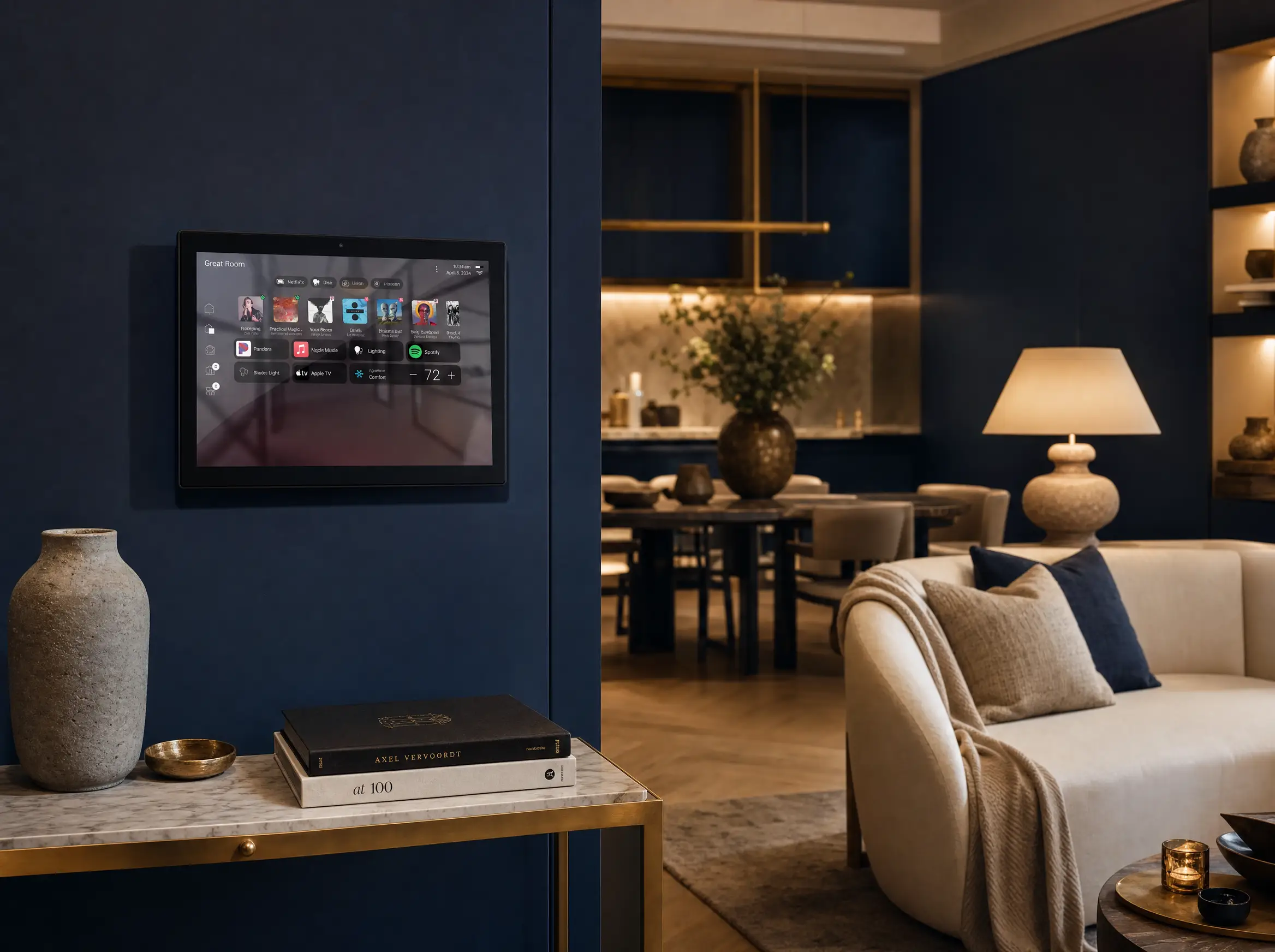 Wall-mounted Control4 touchscreen showing the Great Room dashboard in a navy-panelled living space