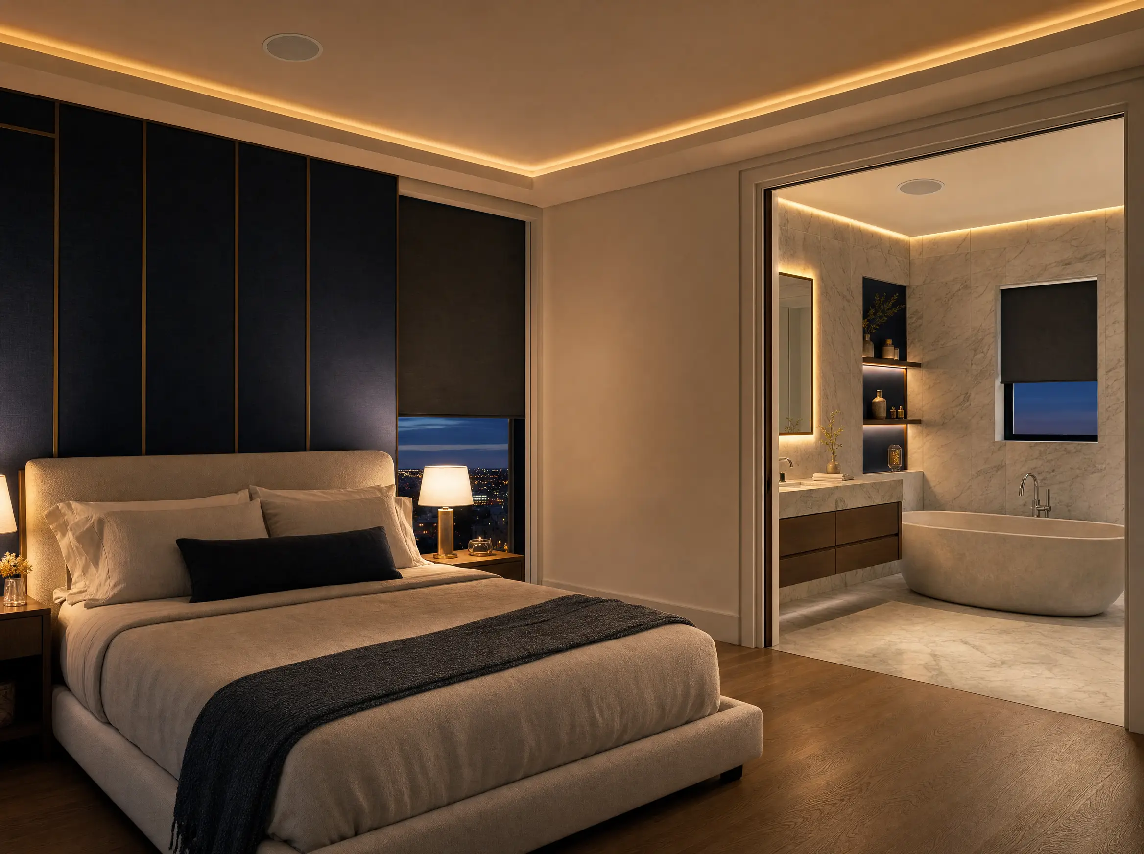 Navy bedroom at dusk with blackout shades and its marble en-suite beyond, both with in-ceiling speakers and lit niches