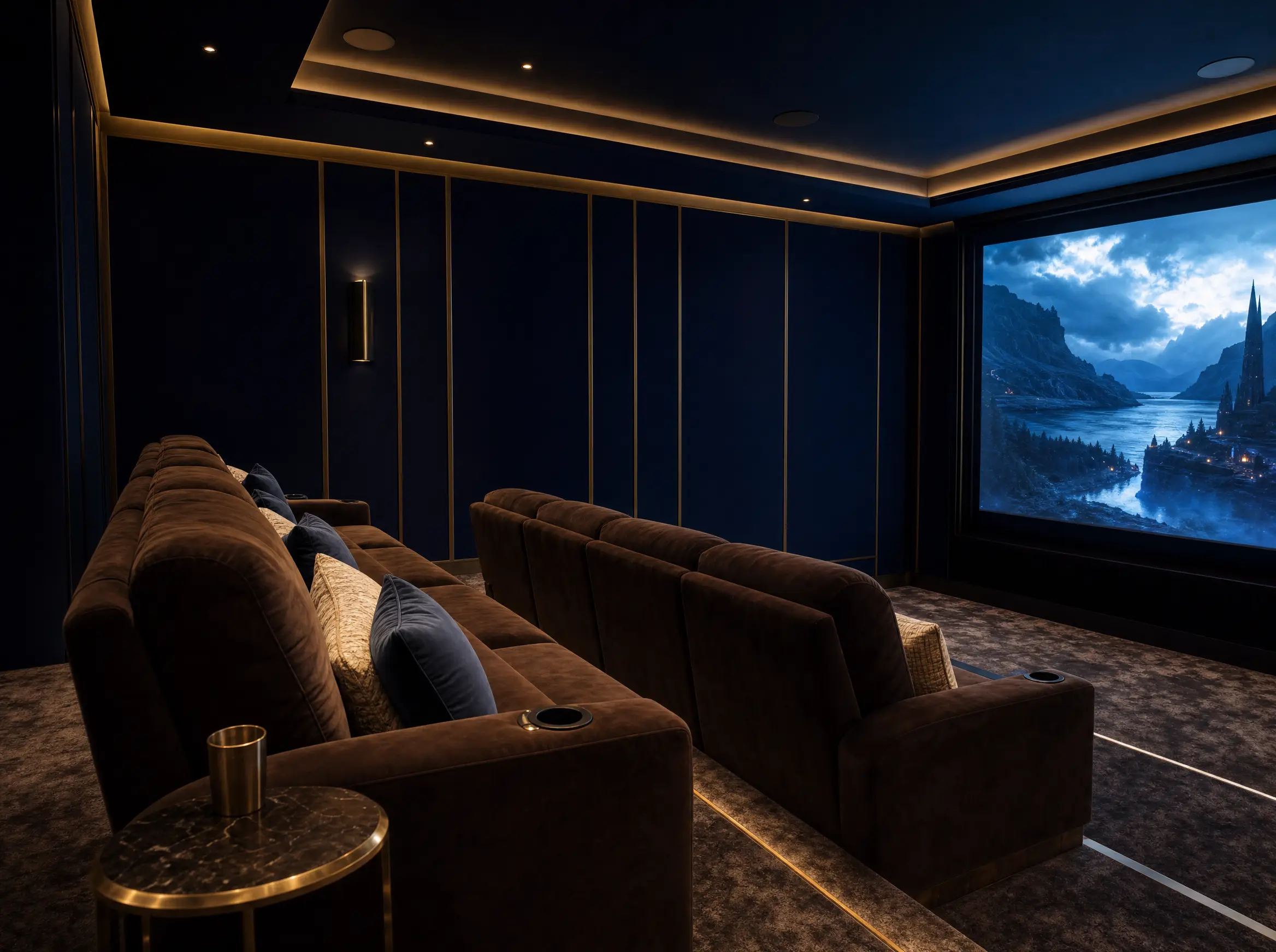 Navy home cinema with tiered velvet recliners and a glowing projection screen
