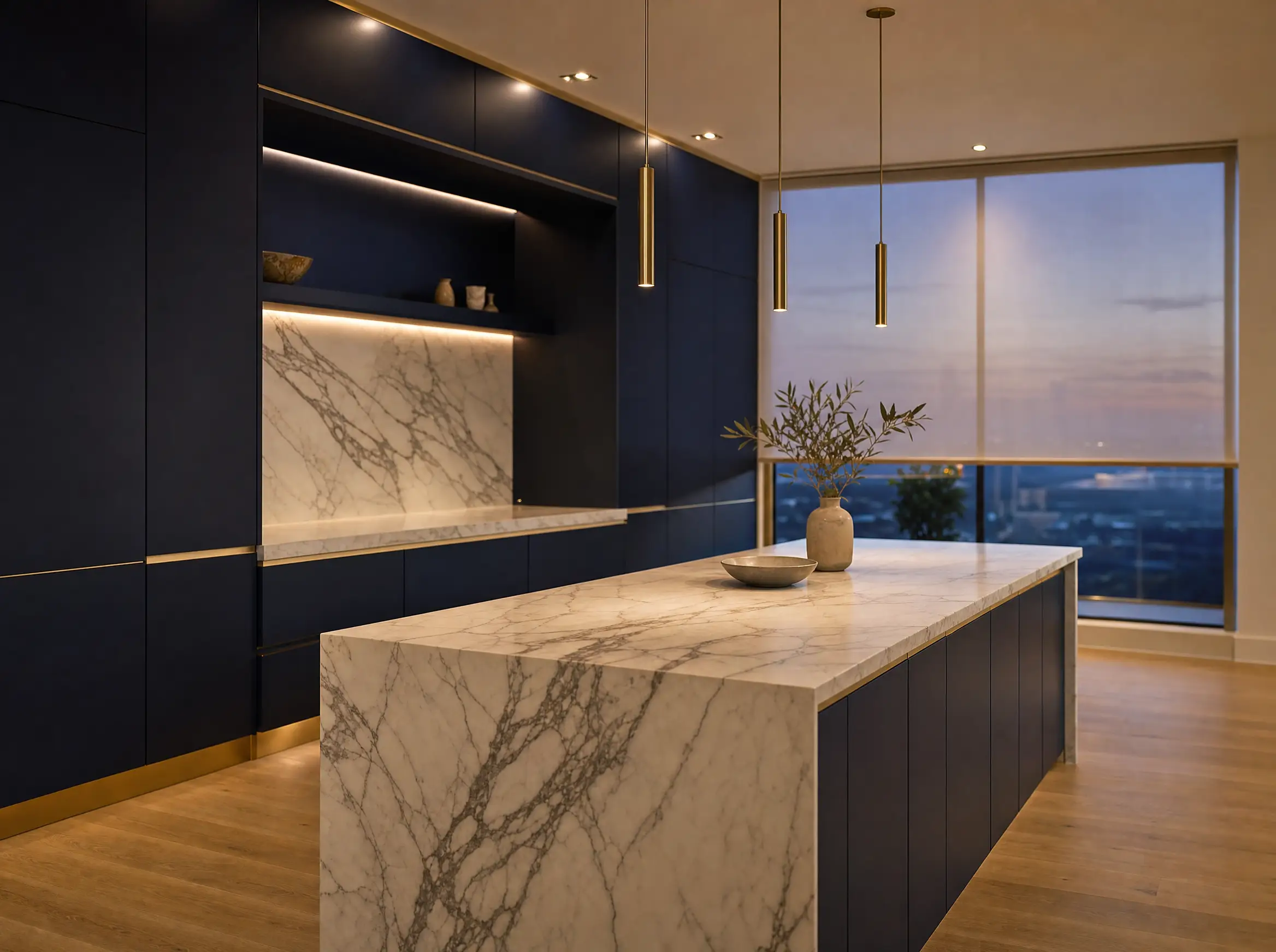 Navy kitchen with a marble island, brass pendants and lit under-cabinet and niche lighting