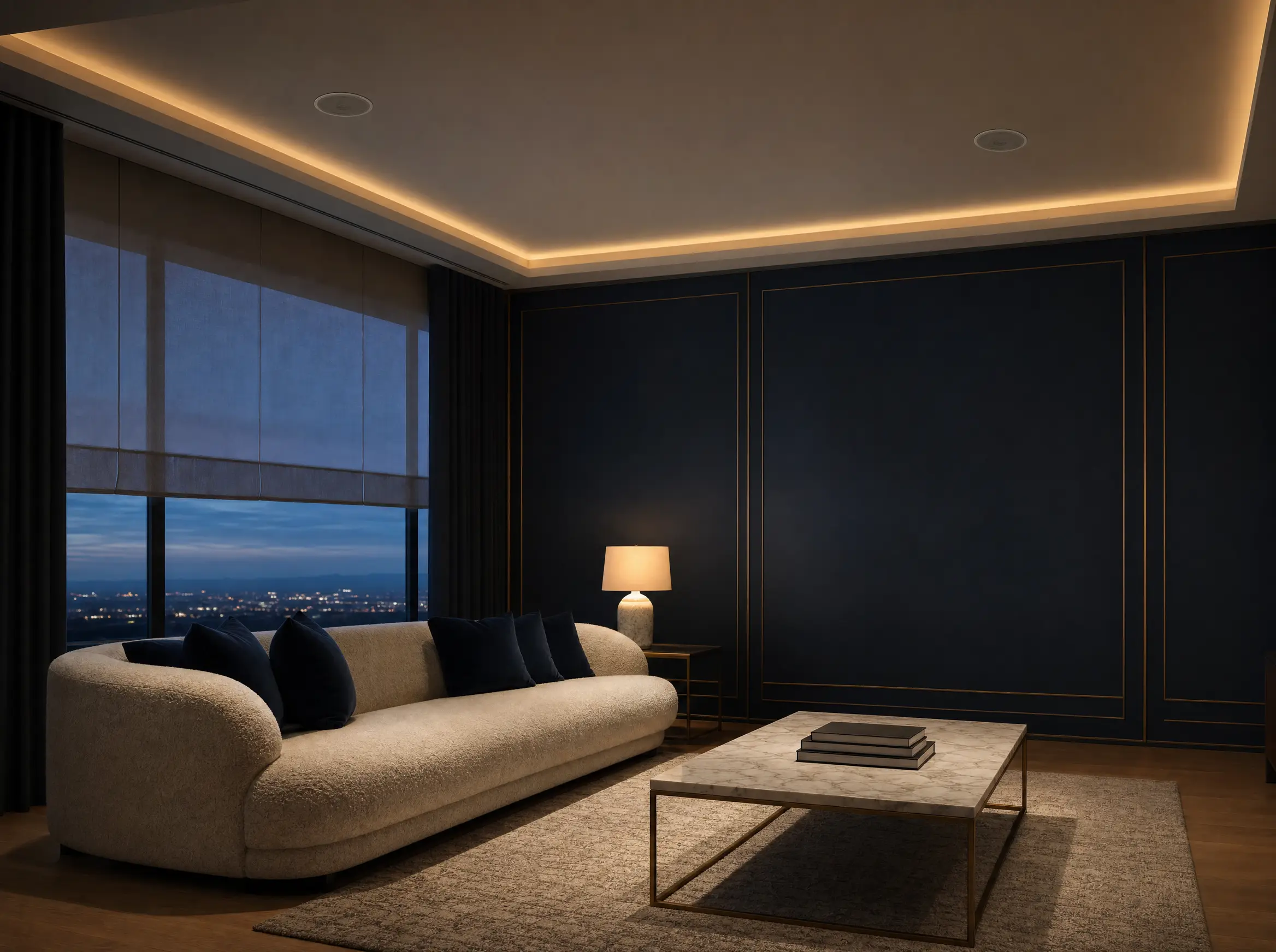 Navy panelled living room at dusk with in-ceiling speakers, cove lighting and motorised shades