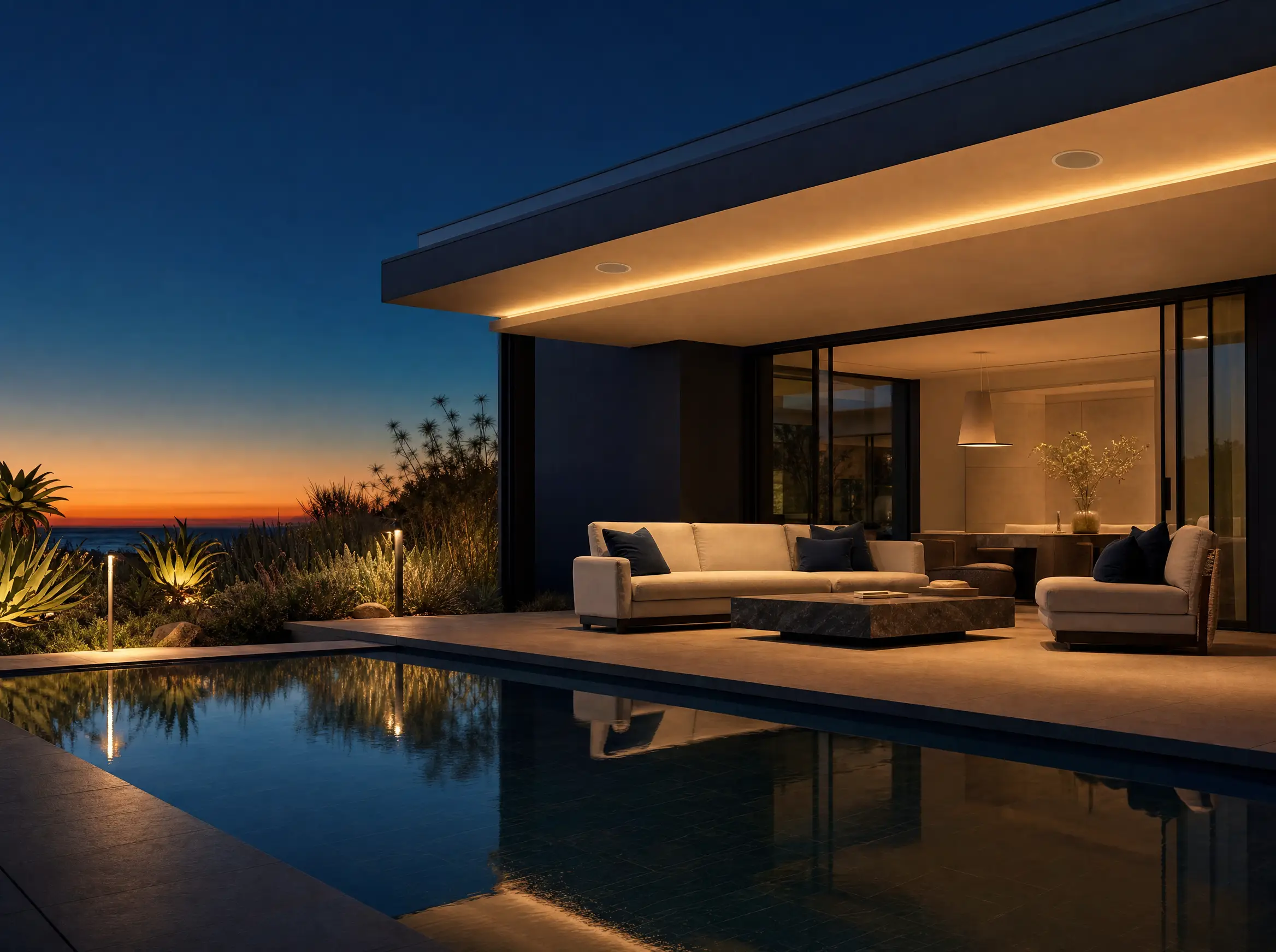 Covered patio and pool at dusk with in-ceiling speakers, cove lighting and landscape bollards