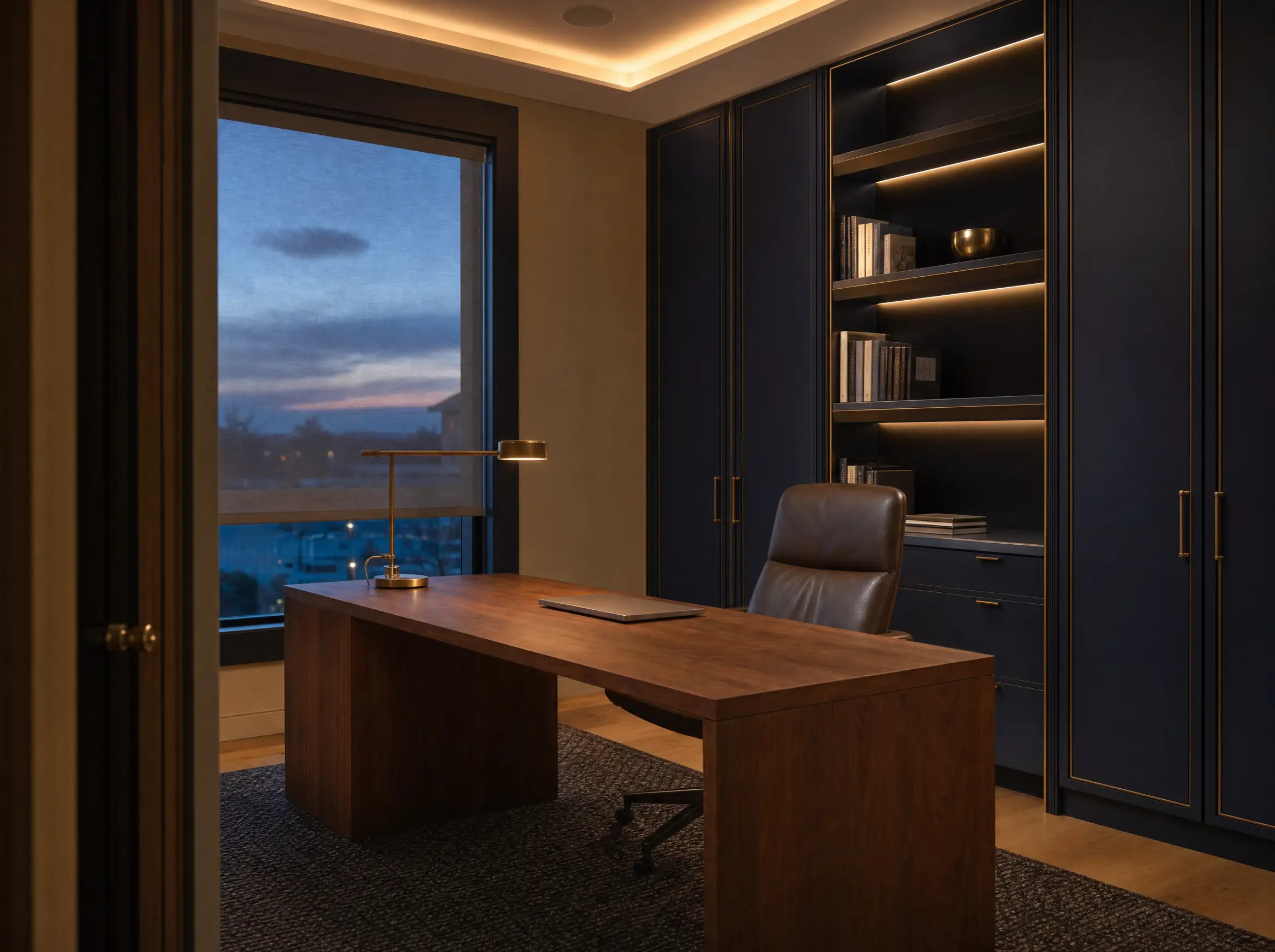 Navy-panelled home study at dusk with lit shelving, a brass desk lamp and a half-drawn sheer shade