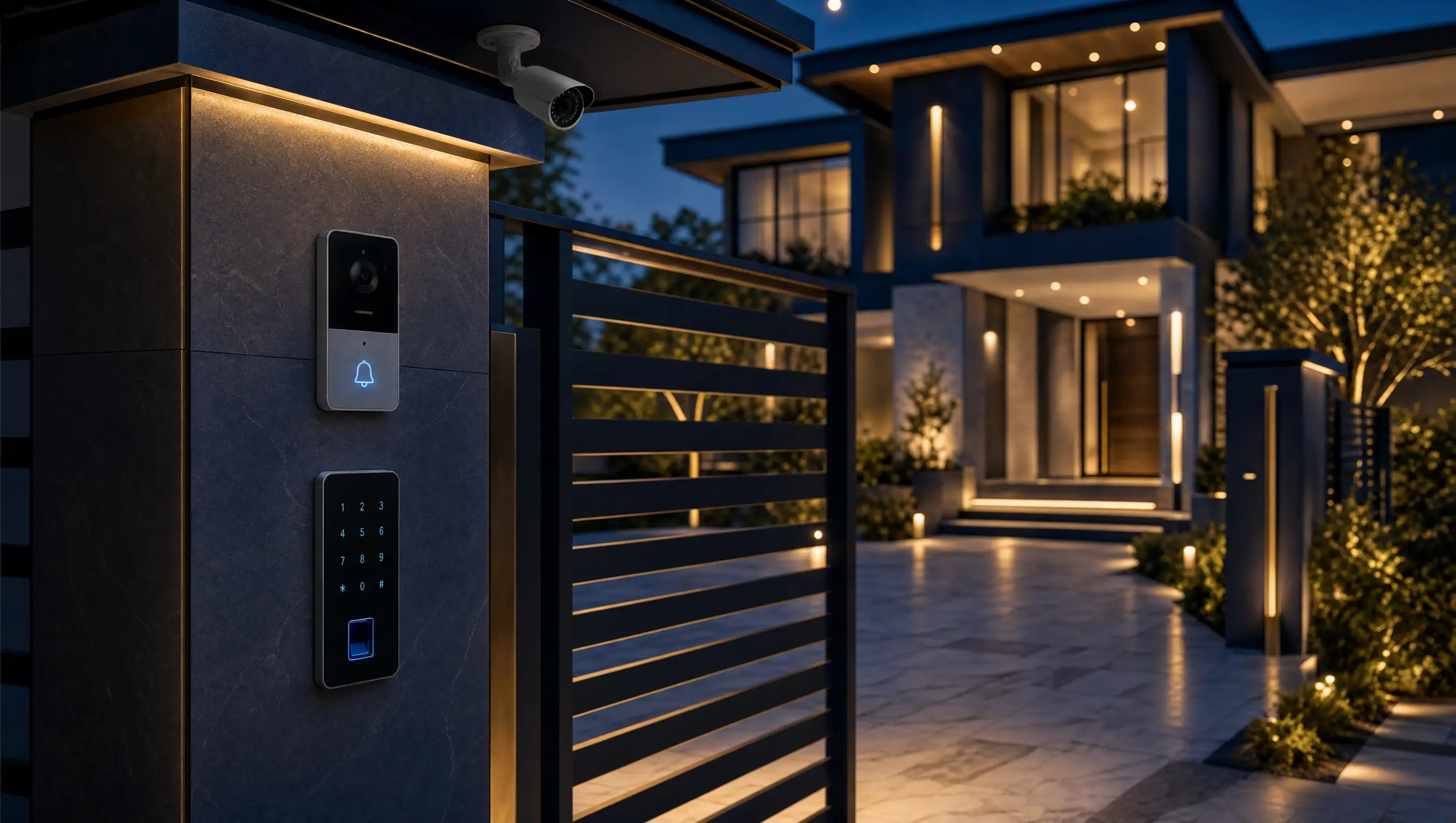 A video intercom and access keypad with fingerprint reader on a navy entrance pillar at dusk, an IP camera above and a warmly lit house beyond
