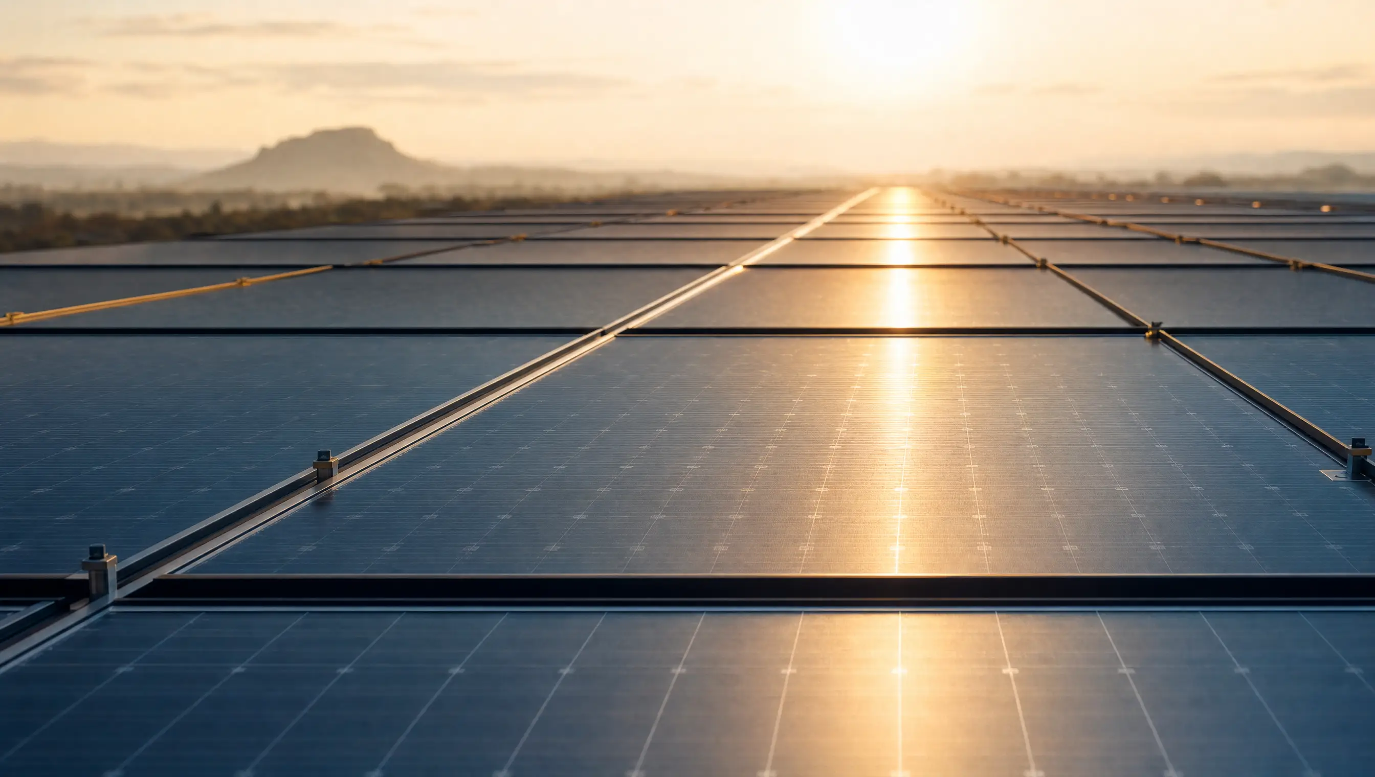 A rooftop solar array at dawn, the low sun streaking gold across the panel glass