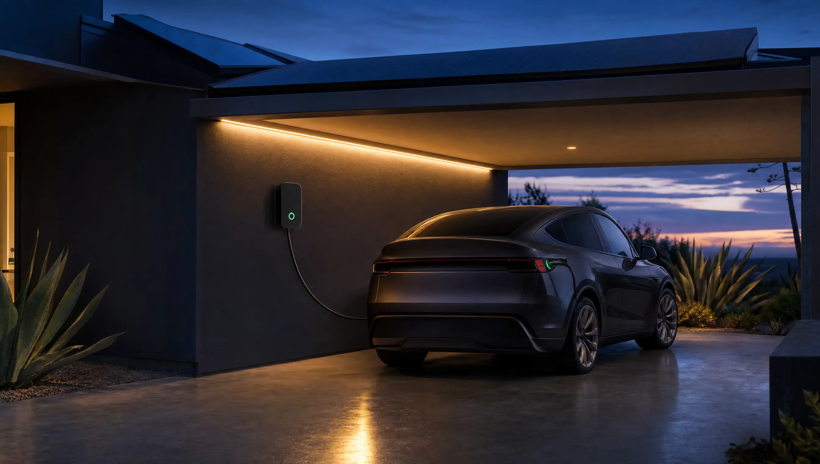 An electric car charging under a solar carport at dusk, the charge ring glowing green