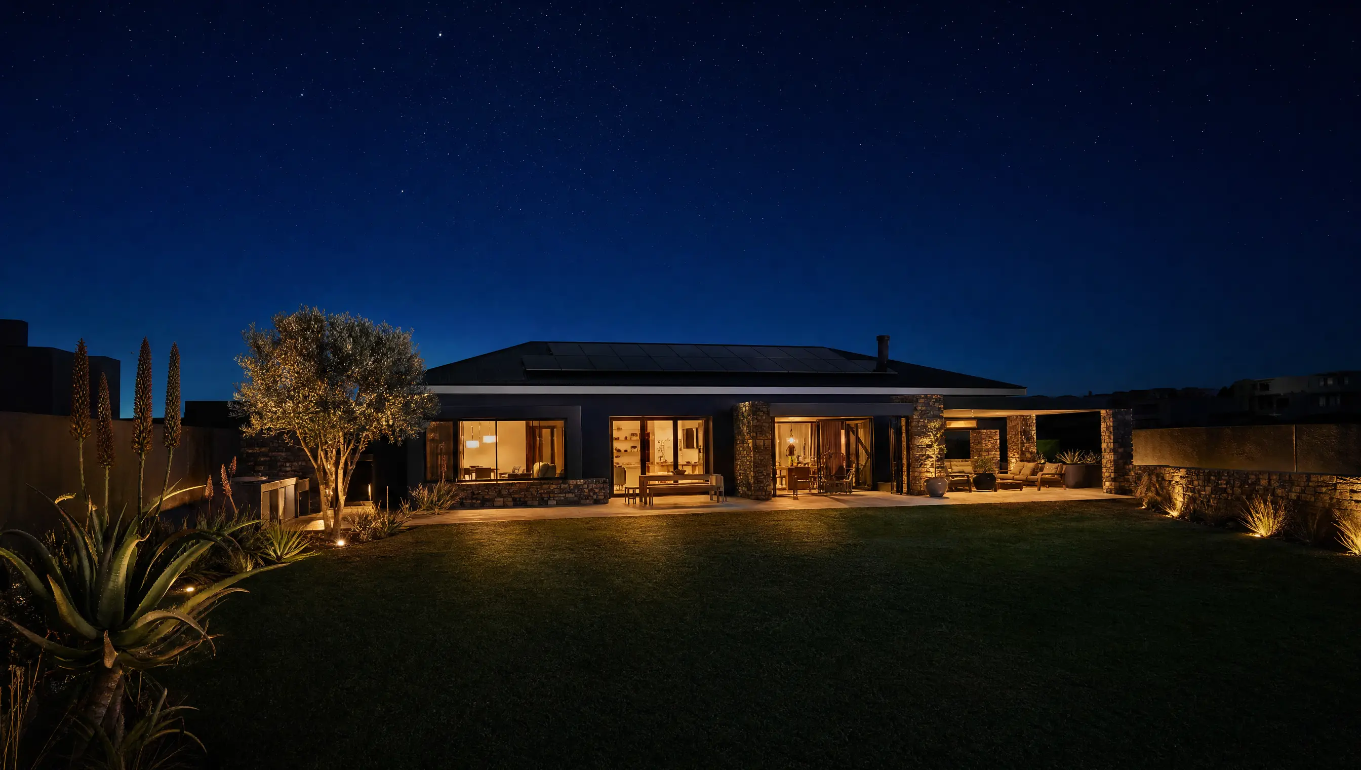 A South African home fully lit at night on solar and battery while the street beyond stays dark