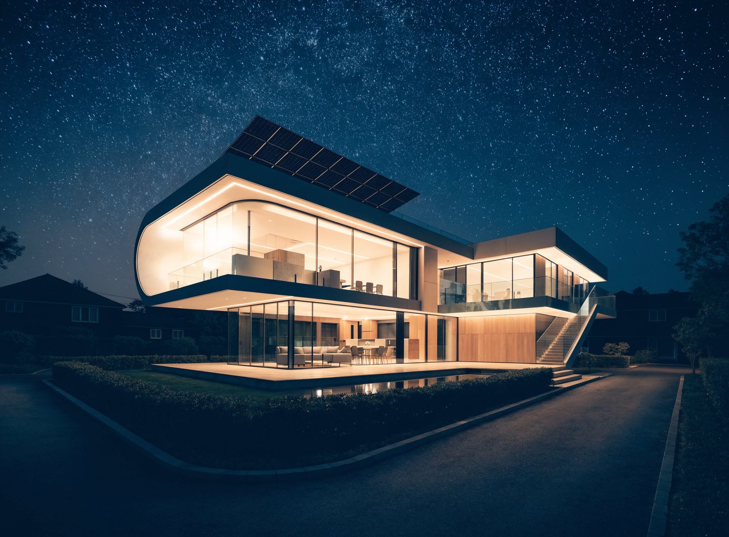 Luxury home fully lit at night during an outage