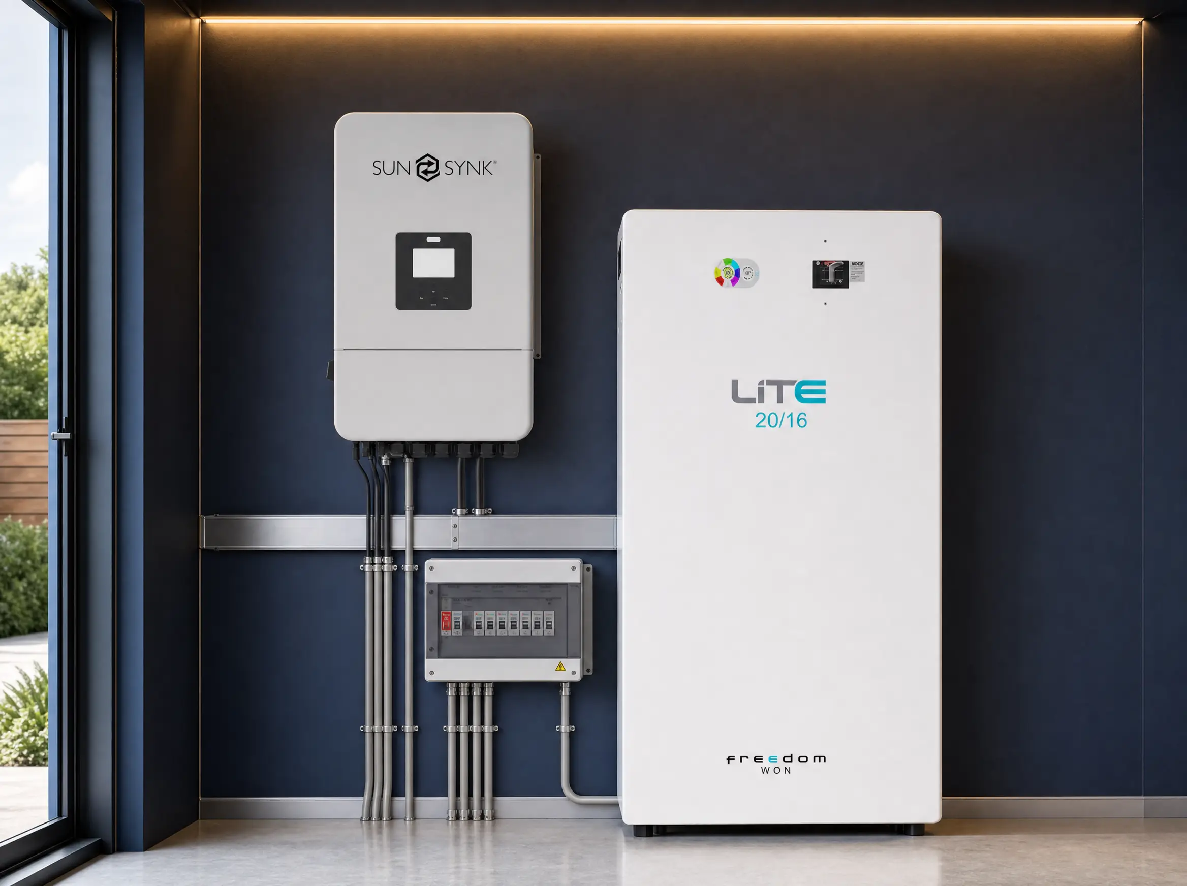 A Sunsynk hybrid inverter and Freedom Won LiTE Home battery installed on a navy wall