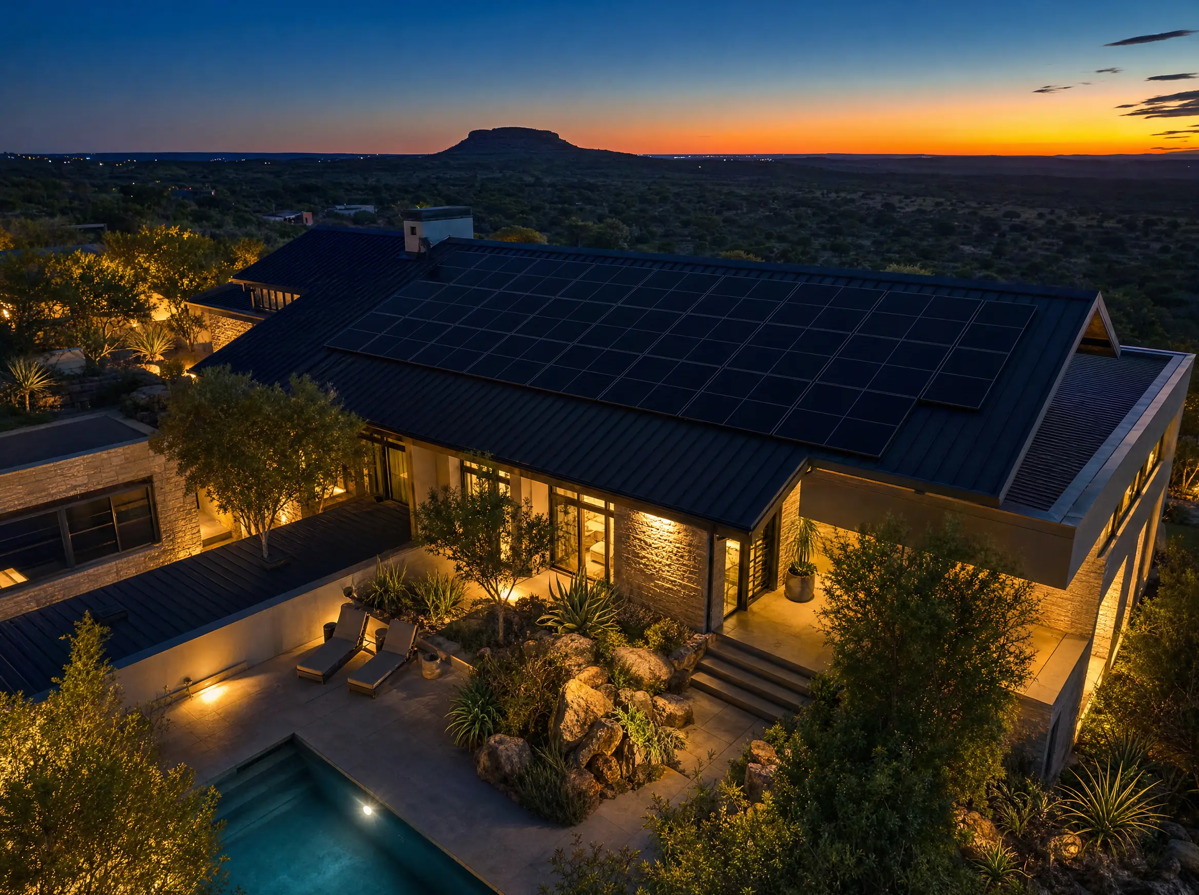 Aerial view of a rooftop solar array on a luxury home at dusk, a koppie on the horizon