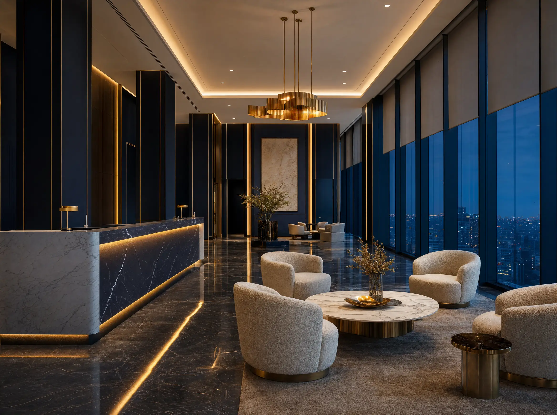 Navy and brass corporate lobby lounge at dusk
