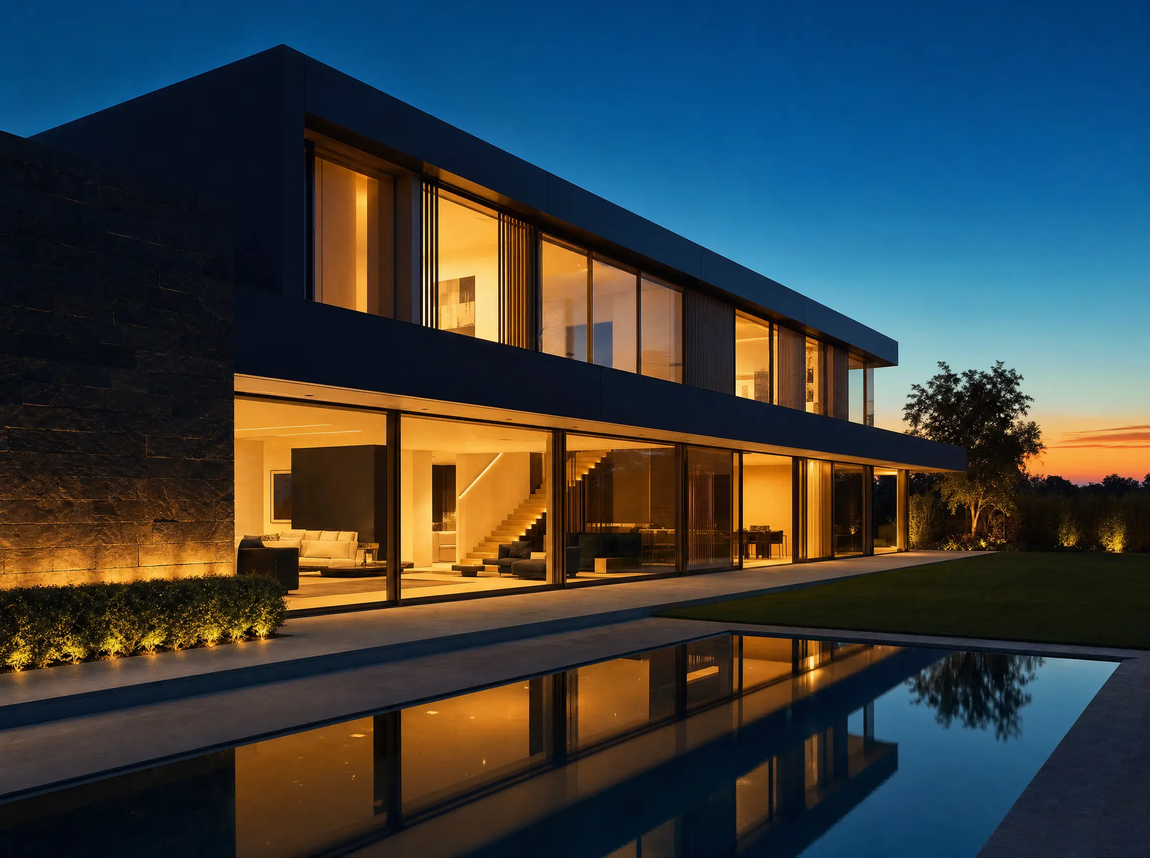 Contemporary luxury home at dusk with every window warm-lit