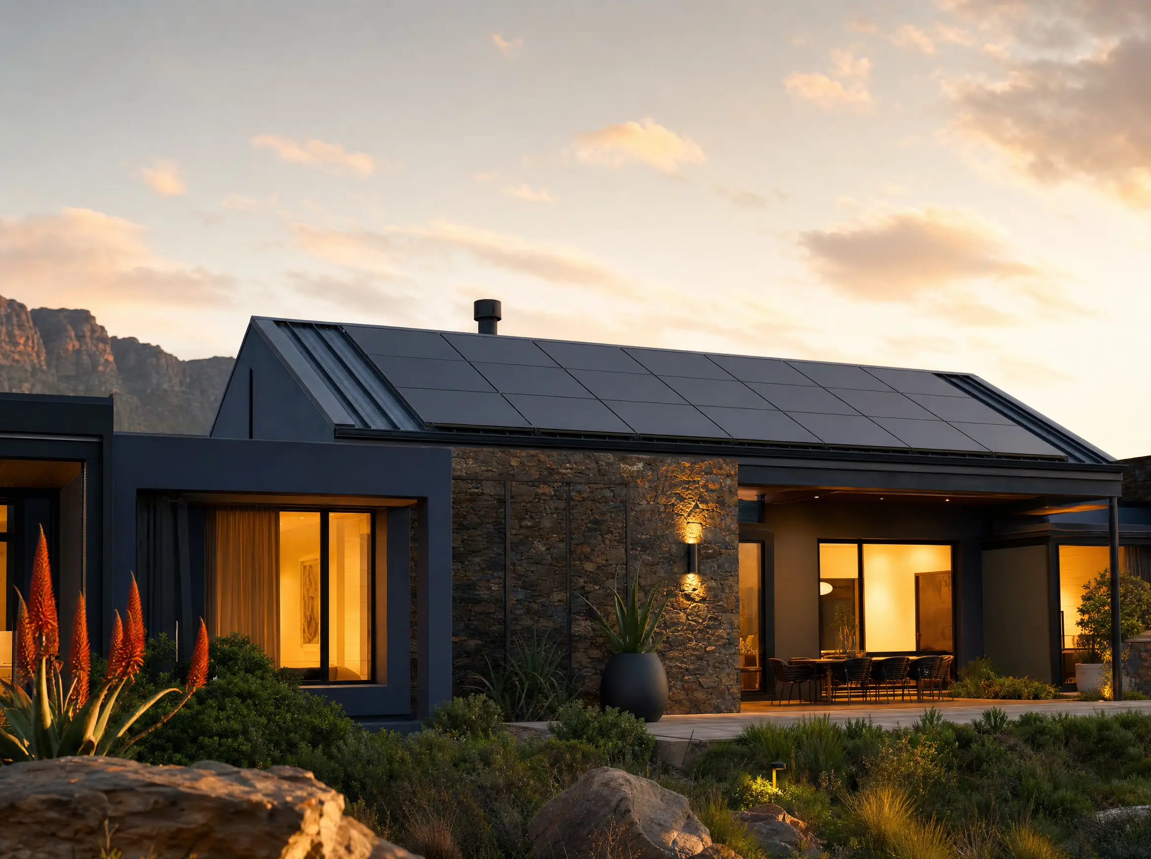 South African home with a rooftop solar array at golden hour